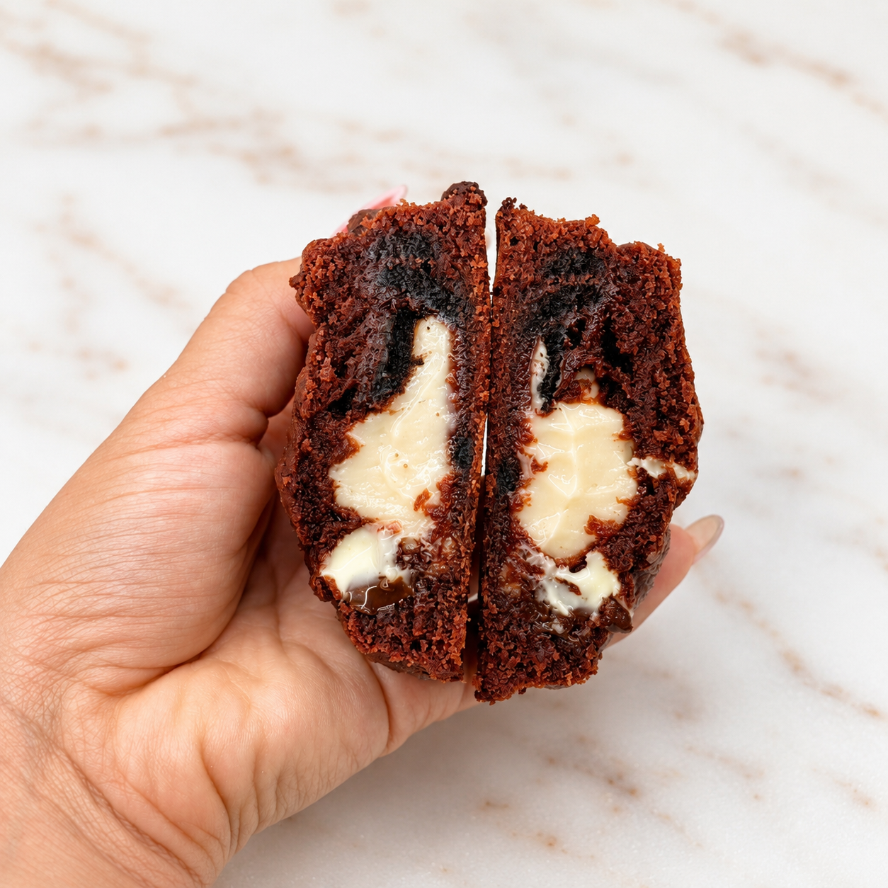 Madame Velvet red velvet cookie broken open showing its creamy center