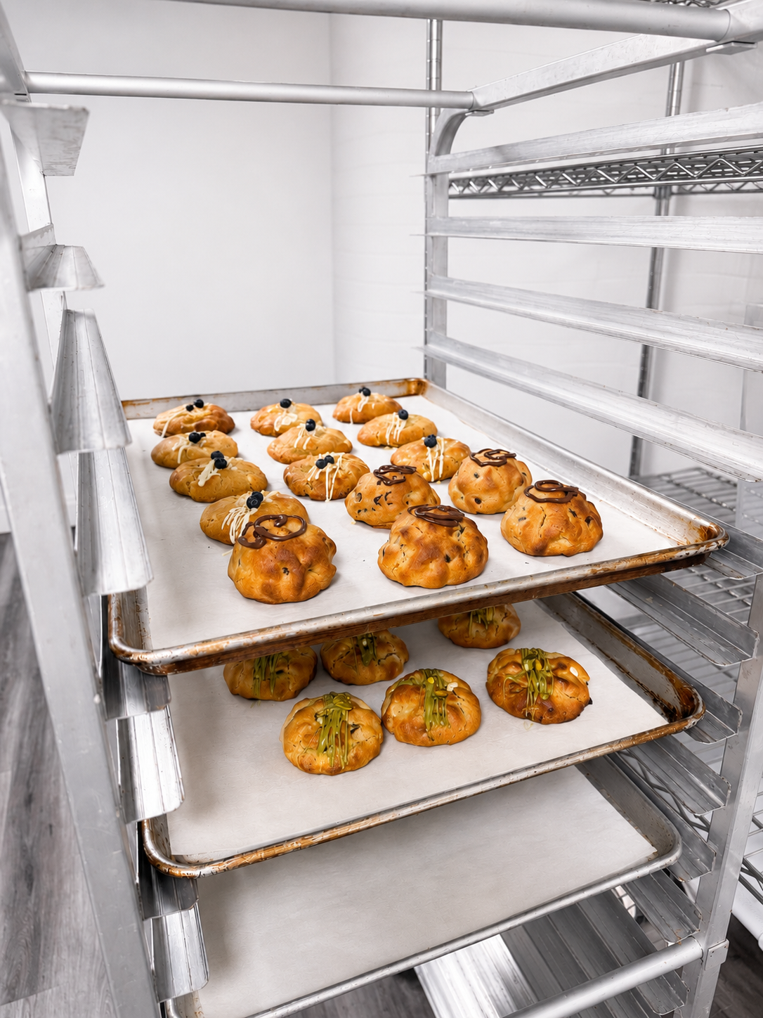 Fresh cookies on cooling trays